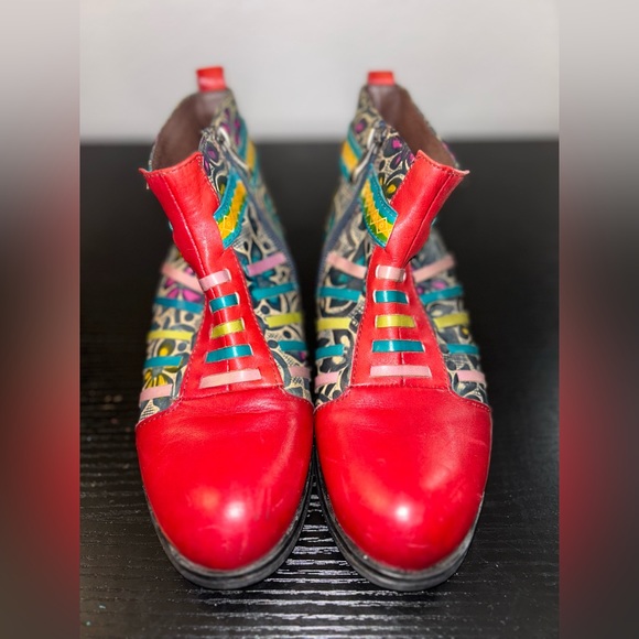 Socofy Retro Leather Block Heel Lace-Up Ankle Red Multi Color Boot sz 38 US 8 - Picture 1 of 7